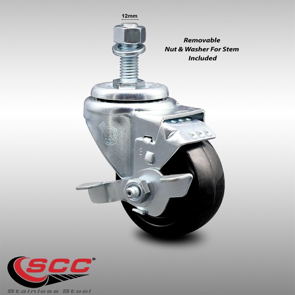3.5 Inch SS Hard Rubber Wheel Swivel 12mm Threaded Stem Caster with Brake